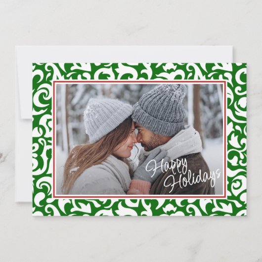 シックなダークグリーンホワイトダマスクフローラアートパターン シーズンカード (正面)