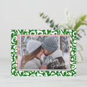 シックなダークグリーンホワイトダマスクフローラアートパターン シーズンカード (スタンド正面)