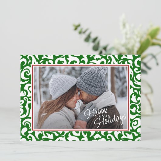 シックなダークグリーンホワイトダマスクフローラアートパターン シーズンカード (スタンド正面)