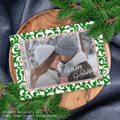 シックなダークグリーンホワイトダマスクフローラアートパターン シーズンカード