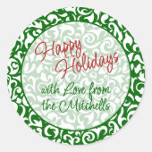 シックなダークグリーンホワイトダマスクフローラアートパターン ラウンドシール (正面)