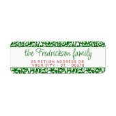 シックなダークグリーンホワイトダマスクフローラアートパターン ラベル (正面)