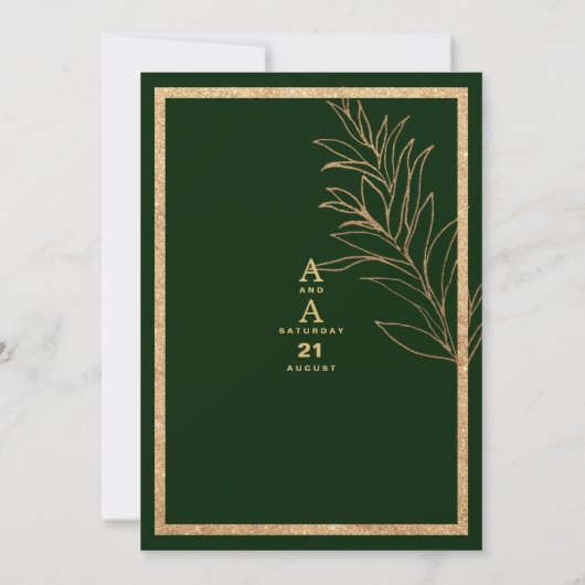 シックなダークグリーン金ゴールドグリッターリーフ結婚フローラ 招待状 (裏面)