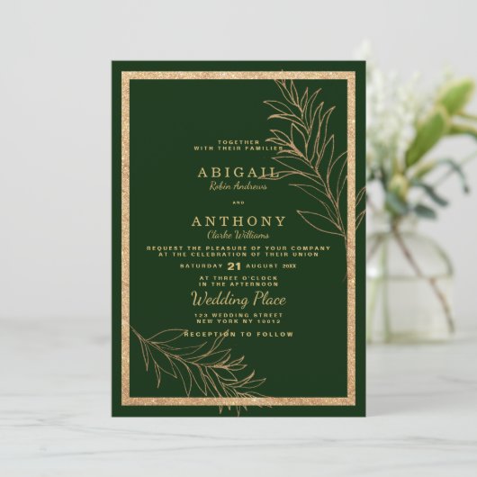 シックなダークグリーン金ゴールドグリッターリーフ結婚フローラ 招待状 (スタンド正面)
