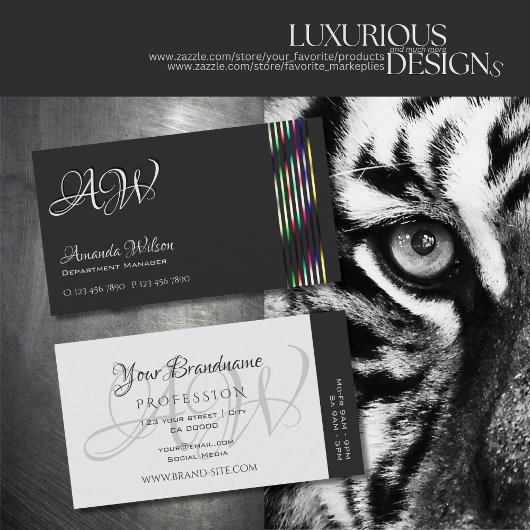 シックなダークグレーとライトグレーカラフルのストライプイニシャル 名刺