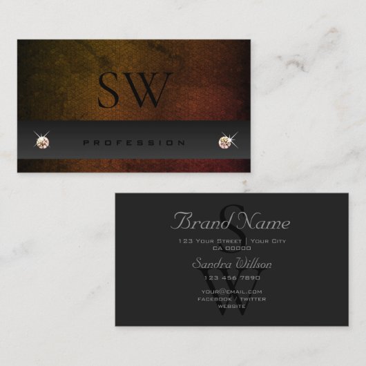 シックなダークグレーオレンジ色のグラデーションのヘビとモノグラム 名刺 (正面/裏面)