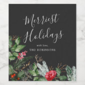 シックなダークグレークリスマス冬の植物の緑 ワインラベル (シングルラベル)