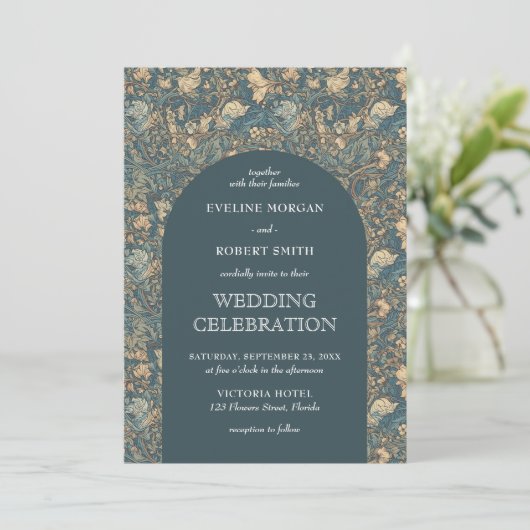 シックなダークパステルグリーンアイボリーフローラアールヌーボー 招待状 (スタンド正面)