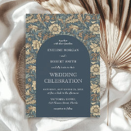 シックなダークパステルブルーアイボリーフローラアールヌーボー 招待状