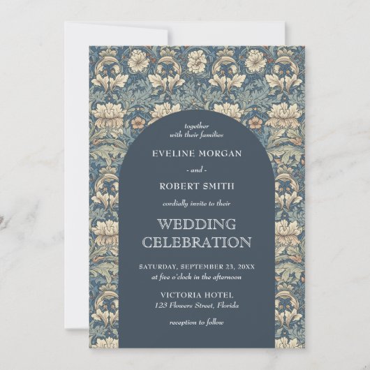 シックなダークパステルブルーアイボリーフローラアールヌーボー 招待状 (正面)