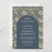 シックなダークパステルブルーアイボリーフローラアールヌーボー 招待状 (正面)