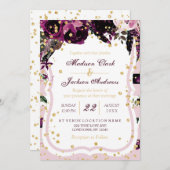 シックなダークパープルフローラ&金ゴールド結婚式招待状 招待状 (正面/裏面)