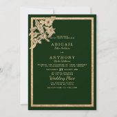 シックなダークフォレストのグリーン金ゴールドグリッター結婚フローラ 招待状 (正面)