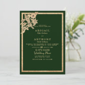 シックなダークフォレストのグリーン金ゴールドグリッター結婚フローラ 招待状 (スタンド正面)