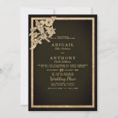 シックなダークブラウン金ゴールドグリッター結婚フローラ 招待状 (正面)