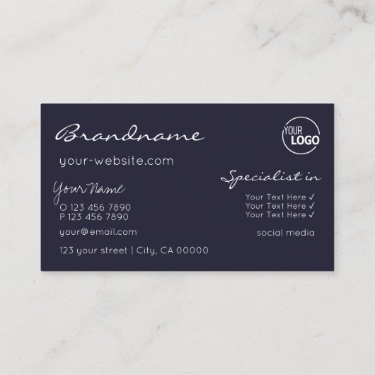 シックなダークブルーきらめくグリッタースターとロゴ 名刺 (裏面)