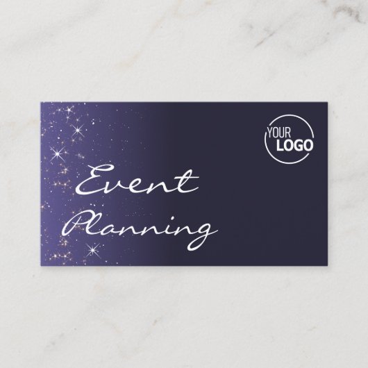 シックなダークブルーきらめくグリッタースターとロゴ 名刺 (正面)