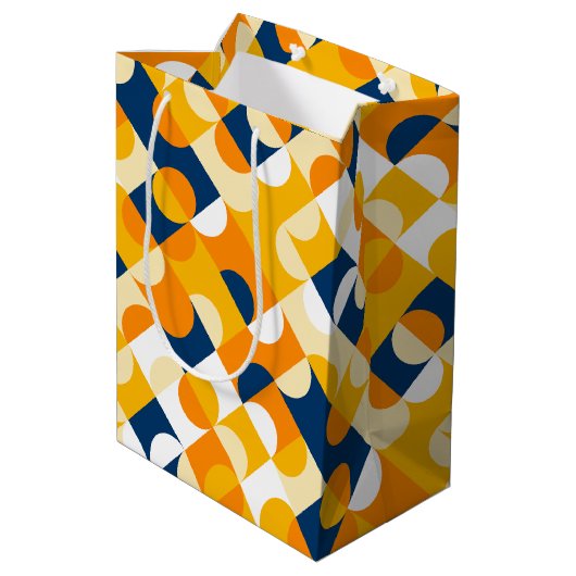 シックなダークブルーサニーイエローサークルのアートパターン ミディアムペーパーバッグ (裏面アングル)