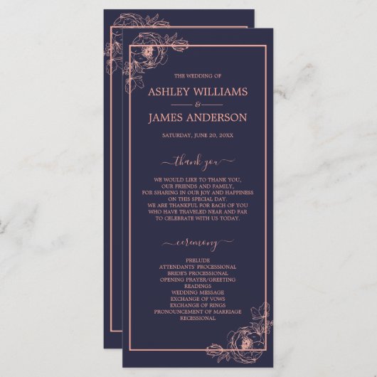 シックなダークブルーバラ金ゴールドフローラのアウトライン結婚 プログラム (正面/裏面)