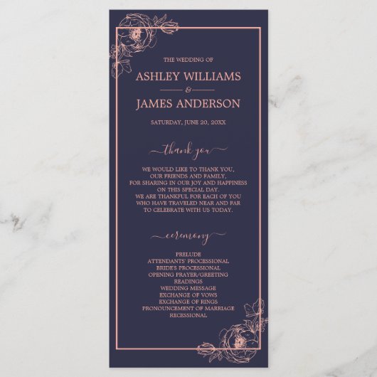 シックなダークブルーバラ金ゴールドフローラのアウトライン結婚 プログラム (正面)