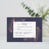 シックなダークブルーバラ金ゴールドフローラのアウトライン結婚 出欠カード (スタンド正面)