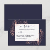 シックなダークブルーバラ金ゴールドフローラのアウトライン結婚 出欠カード (正面/裏面)