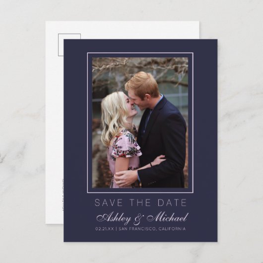 シックなダークブルーピンク日付を保存婚約写真 案内ポストカード (正面/裏面)