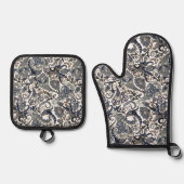 シックなダークブルーホワイトグレーペイズリーアートパターン 鍋つかみ&鍋敷きセット (正面)