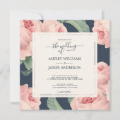 シックなダークブルーヴィンテージピンクローズフローラ 招待状 (正面)