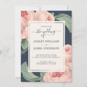 シックなダークブルーヴィンテージピンクローズフローラ 招待状 (正面)