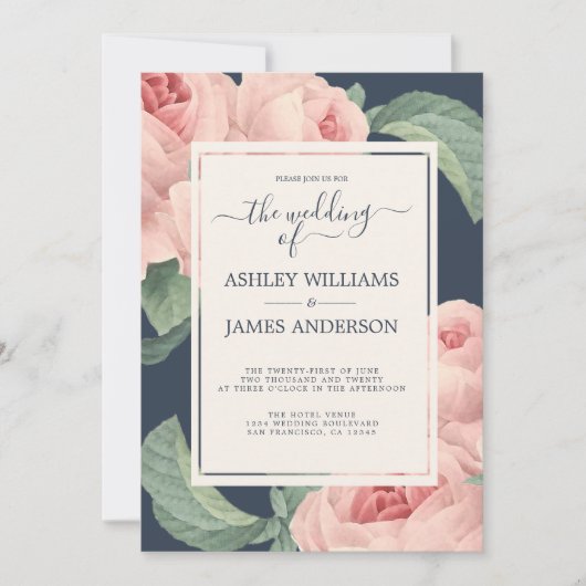 シックなダークブルーヴィンテージピンクローズフローラ 招待状 (正面)