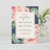 シックなダークブルーヴィンテージピンクローズフローラ 招待状 (スタンド正面)