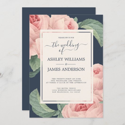 シックなダークブルーヴィンテージピンクローズフローラ 招待状 (正面/裏面)