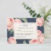 シックなダークブルーヴィンテージピンクローズ結婚ズ 出欠カード (スタンド正面)