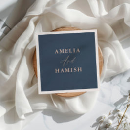 シックなダークブルー&バラ金ゴールドの結婚葉 スタンダードカクテルナプキン