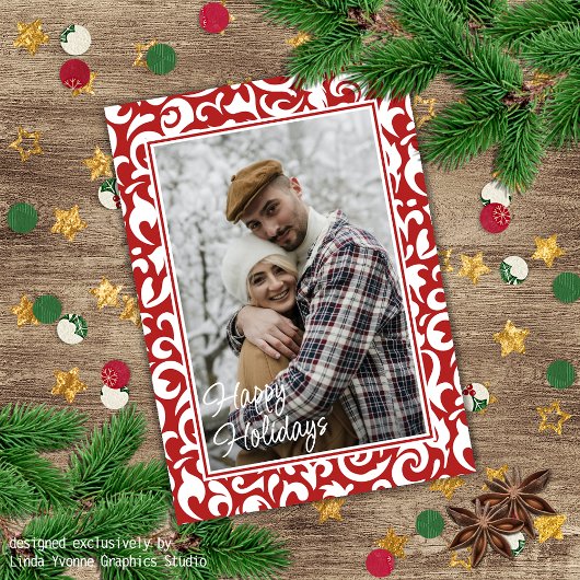 シックなダークレッドホワイトダマスクフローラアートパターン カード