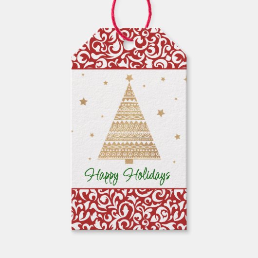 シックなダークレッドホワイトダマスクフローラアートパターン ギフトタグ (正面)