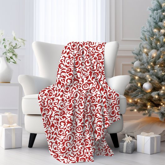 シックなダークレッドホワイトダマスクフローラアートパターン フリースブランケット