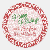 シックなダークレッドホワイトダマスクフローラアートパターン ラウンドシール (正面)