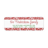 シックなダークレッドホワイトダマスクフローラアートパターン ラベル (正面)