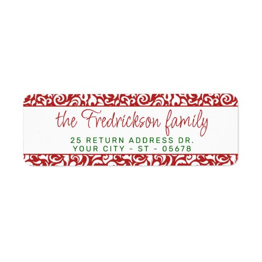 シックなダークレッドホワイトダマスクフローラアートパターン ラベル (正面)