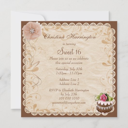 シックなチョコレートケーキ&ダイヤモンドバラスウィート16 招待状 (裏面)