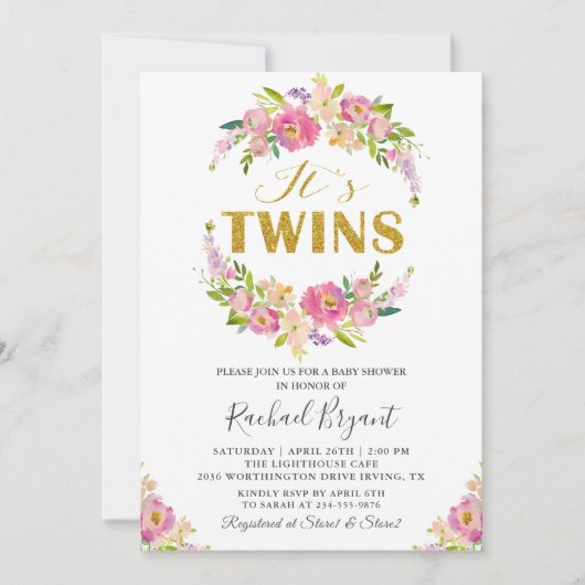 シックなツインズピンクフローラベビーシャワー招待状 招待状 (正面)