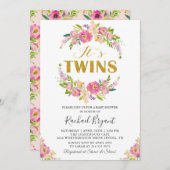 シックなツインズピンクフローラベビーシャワー招待状 招待状 (正面/裏面)