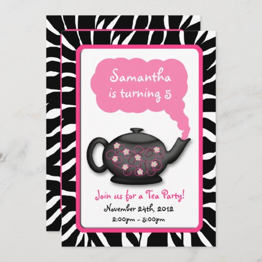 シックなティータイムガールズピンクバースデーパーティー招待状 招待状 (正面/裏面)