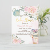 シックなティーポット茶カップピンクの花ベビーシャワー 招待状 (スタンド正面)