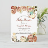 シックなティーポット茶カップフラワーウッドベビーシャワー 招待状 (スタンド正面)