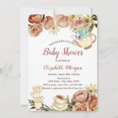 シックなティーポット茶カップフラワーウッドベビーシャワー 招待状 (正面)