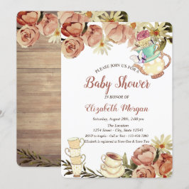 シックなティーポット茶カップフラワーウッドベビーシャワー 招待状