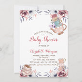 シックなティーポット茶カップフローラ茶パーティー赤ちゃんシャワー 招待状 (正面)